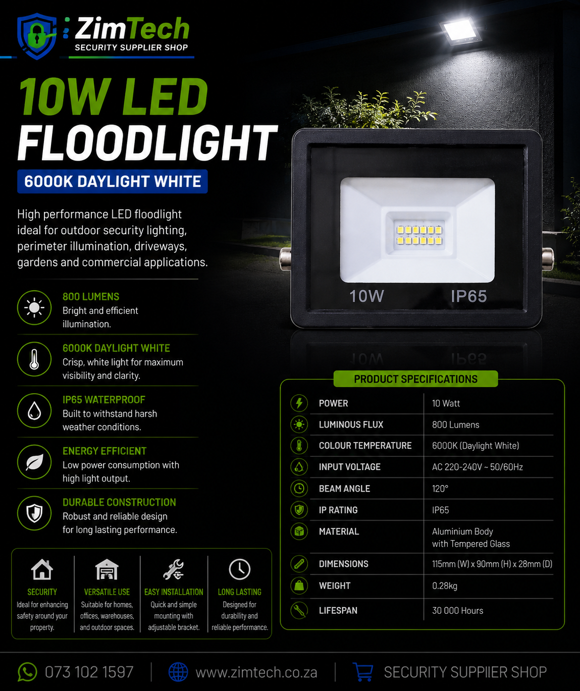 10 Watt LED Floodlight 6000K 800 Lumins