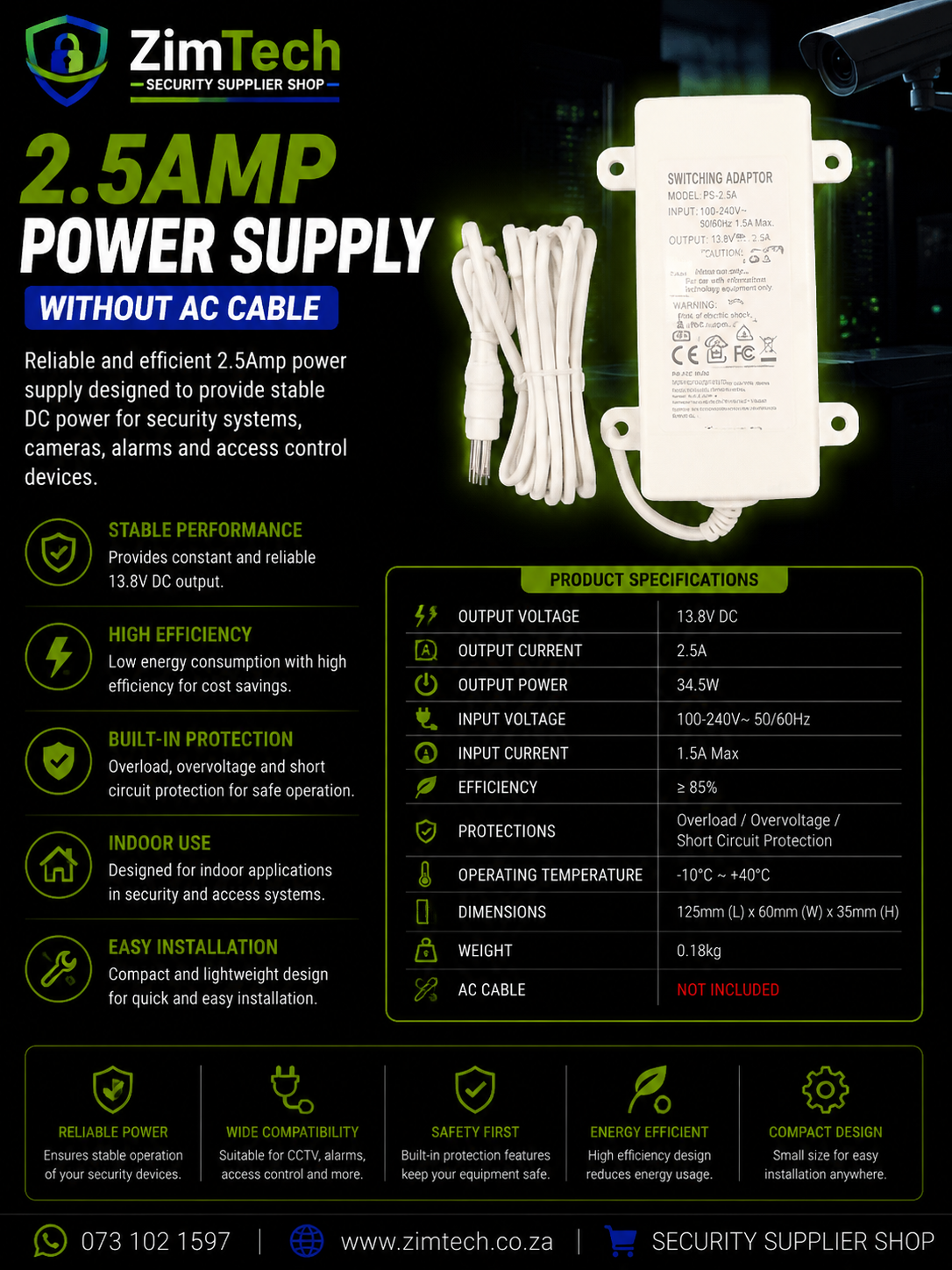 2.5Amp Power Supply without AC cable