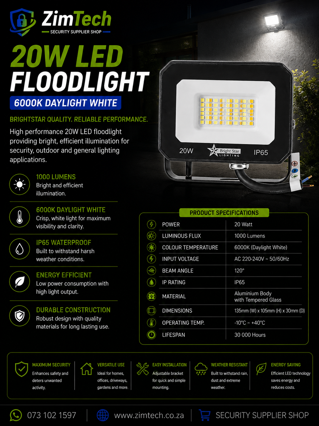 20 Watt LED Floodlight 6000K 1000 Lumins