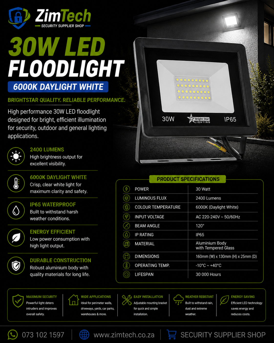 30 Watt LED Floodlight 6000K 2400 Lumins
