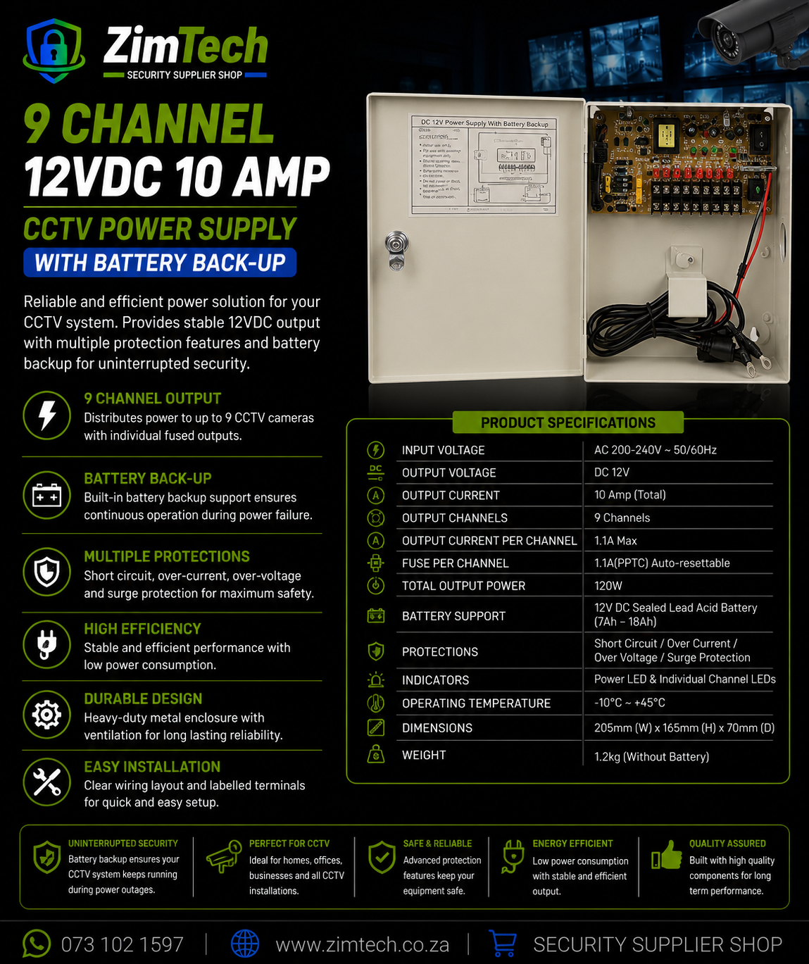 9 Channel 12VDC 10 Amp CCTV Power Supply with Battery Back-up