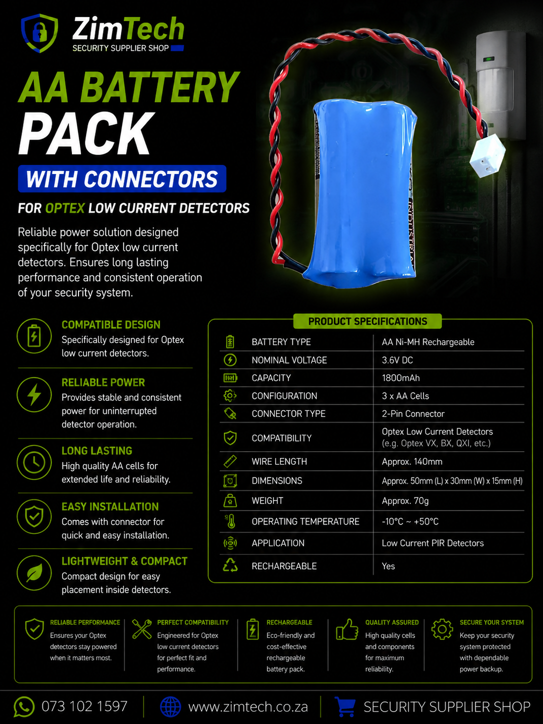 AA Battery Pack with Connectors for Optex Low Current Detectors