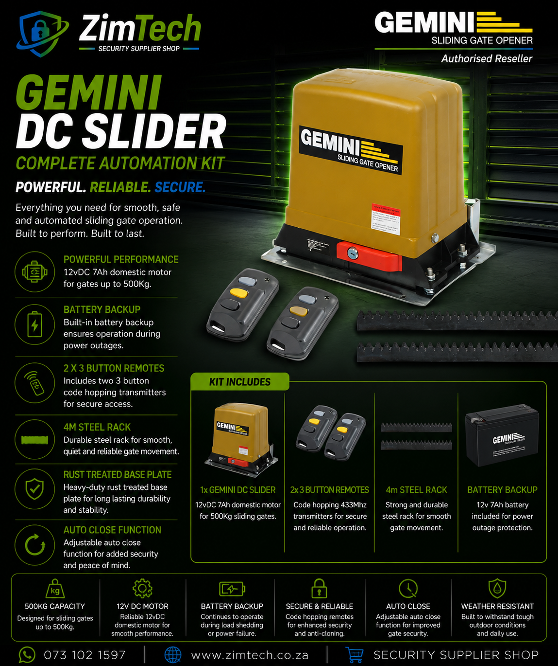 Gemini DC Slider with Base Plate + Battery + 2 x 3 button remote + 4m Steel Rack