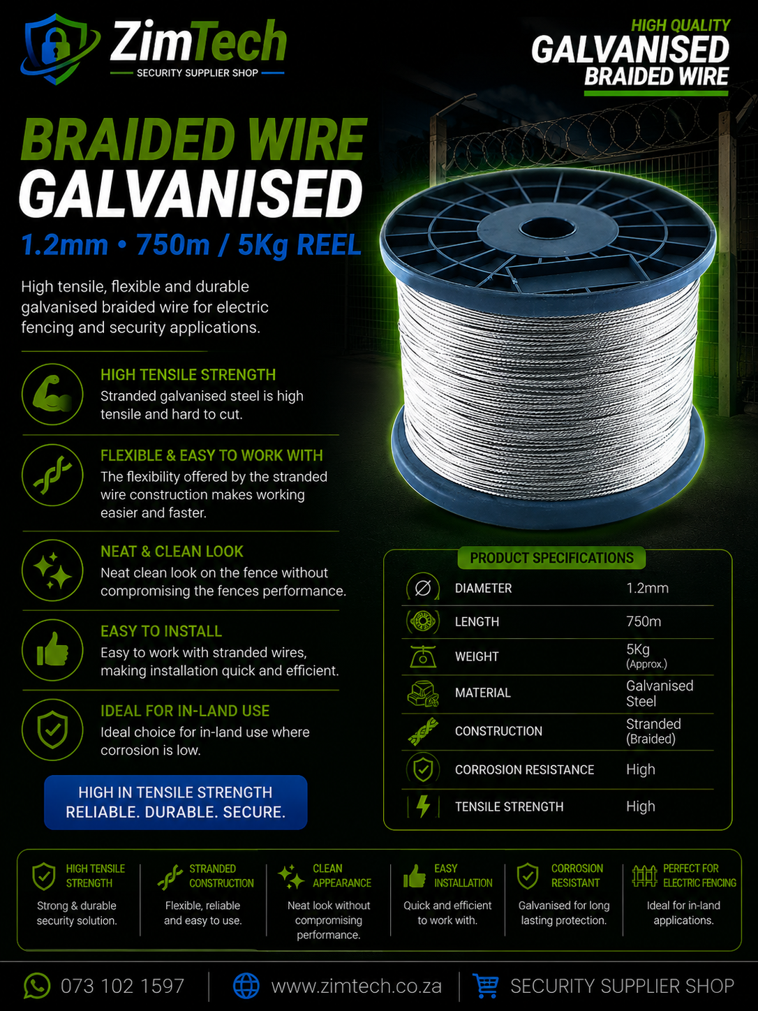 Braided Wire - Galvanised 1.2mm - 750m / 5Kg