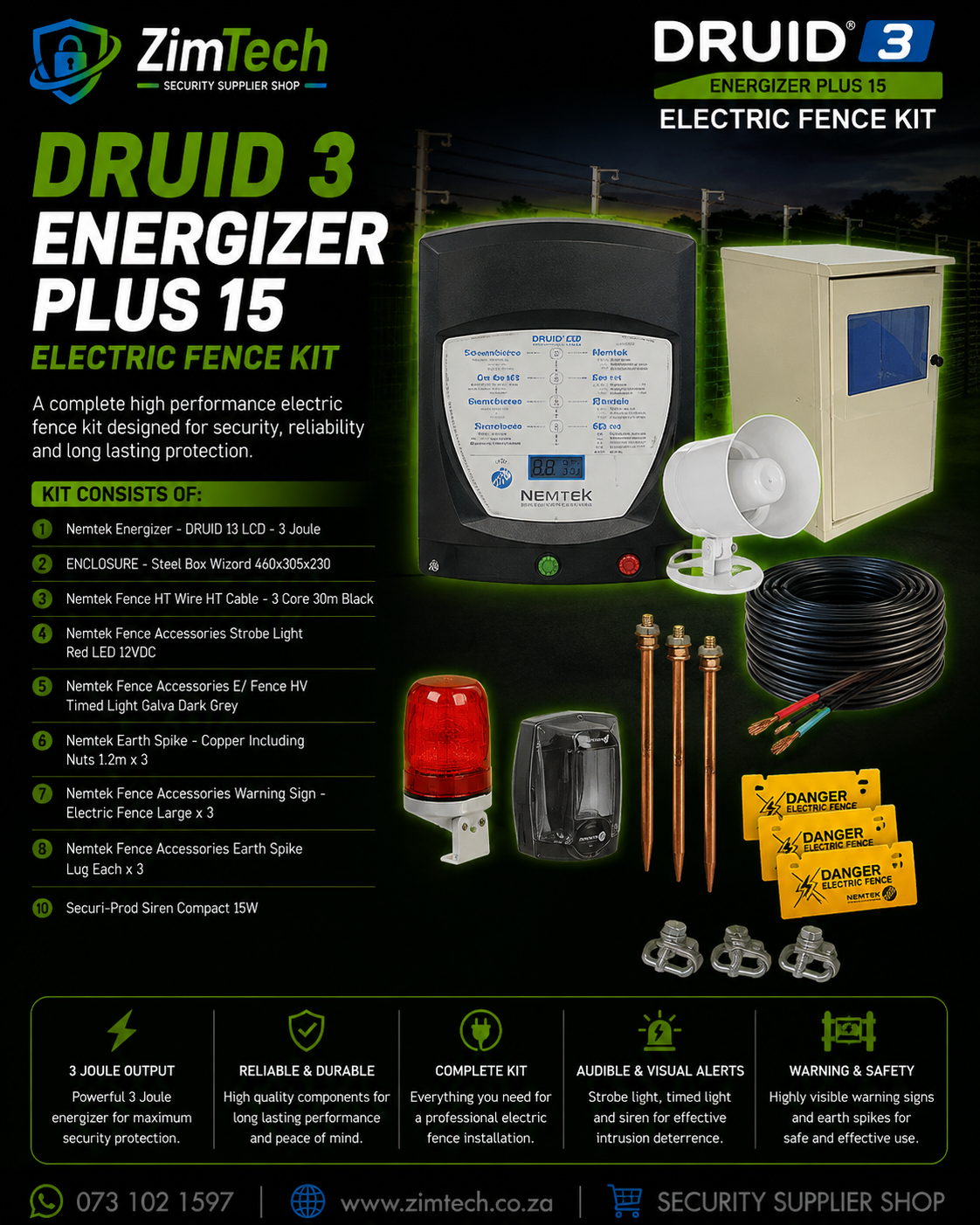 Druid 3 Energizer Plus 15 Electric Fence Kit
